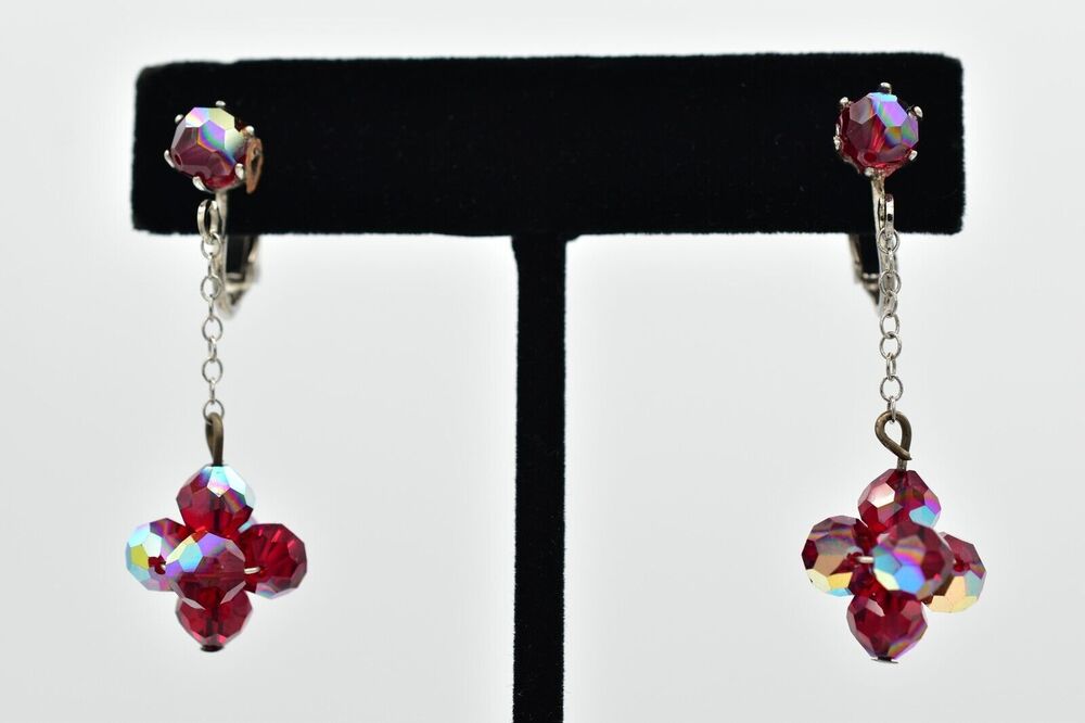 Vintage Red AB Crystal Cluster Ball Drop Clip On Earrings Dangle AB 1950s A24